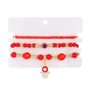 Red Beaded Anklet Set with Hamsa Charm